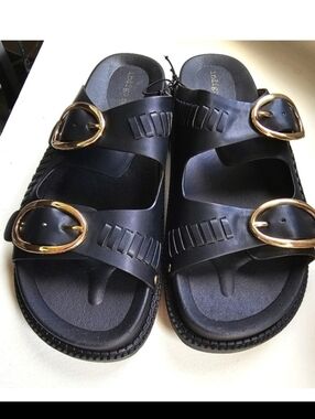 Chunky Black Double Buckle Slide Sandals Size 9 Gold Hardware NWT Indigo Rd